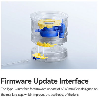 TTArtisan AF 40mm f/2 see-through view with the USB-C firmware port in the rear cap