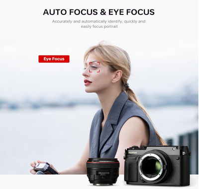 Viltrox EF-GFX II supports autofocus and eye detection, shown with a Fujifilm GFX and Canon EF lens