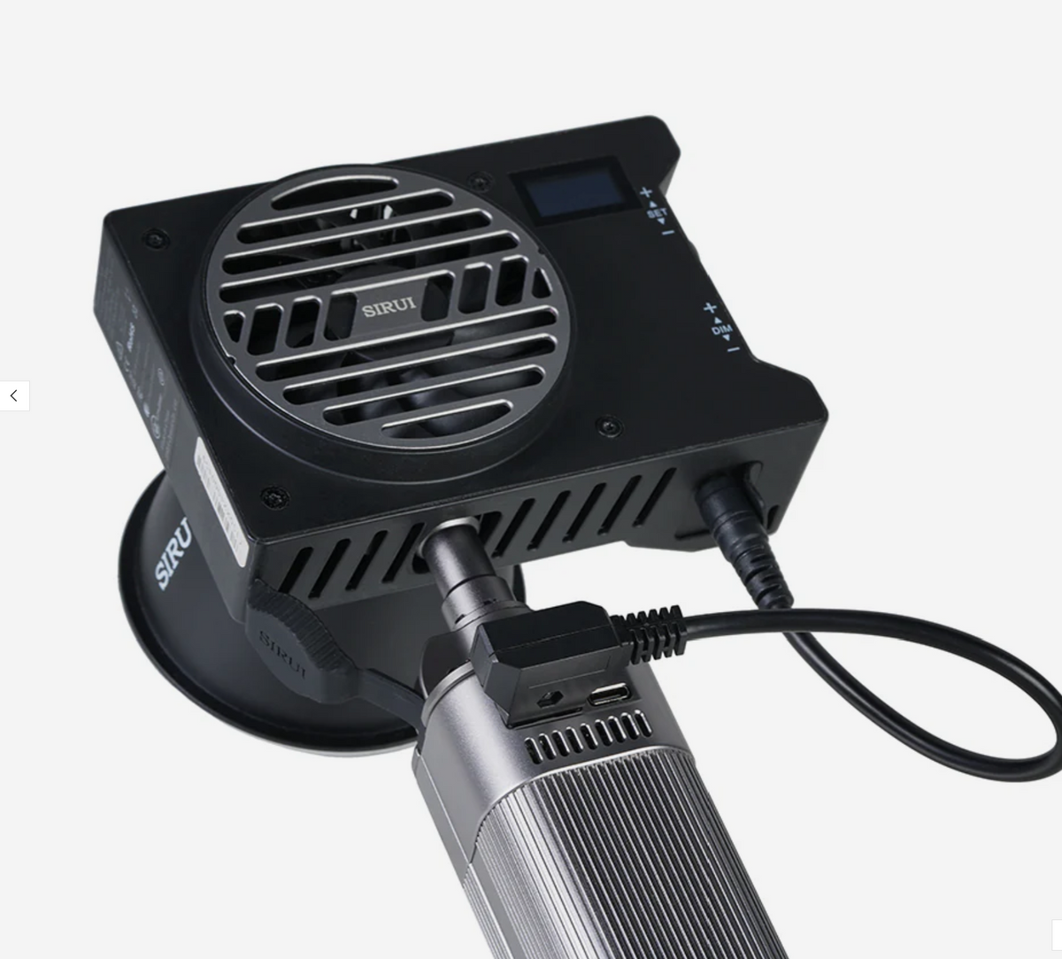 Sirui C150X back panel with cooling fan, display and power cable to the battery handle