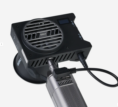 Sirui C150X back panel with cooling fan, display and power cable to the battery handle