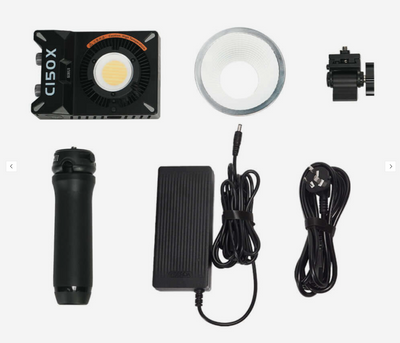 Sirui C150X kit contents: light, reflector, shoe mount, grip, power adapter and cable