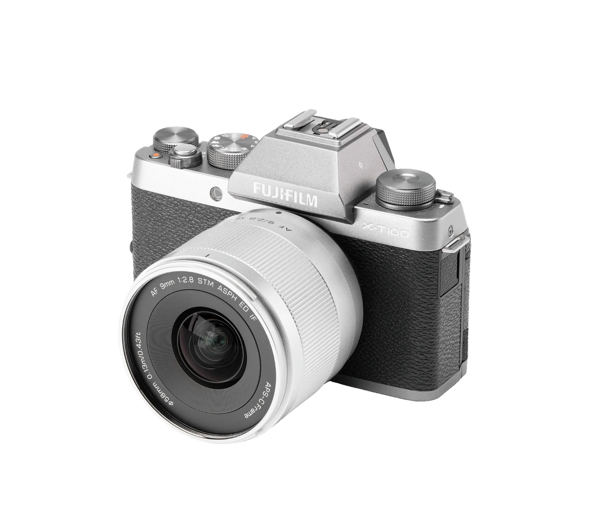 Viltrox Air AF 9mm f/2.8 XF silver lens mounted on a silver Fujifilm X-T100