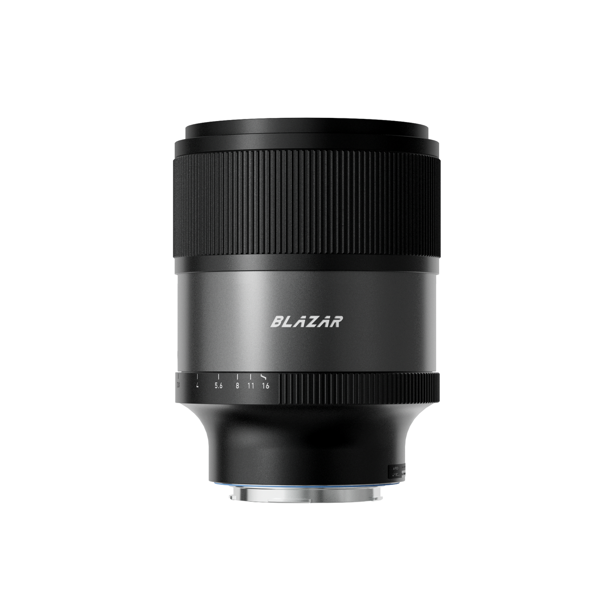 Blazar Talon 50mm T2.1 anamorphic lens, side view with Blazar logo and aperture scale