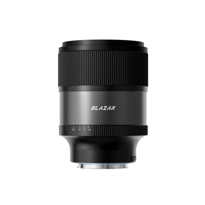 Blazar Talon 50mm T2.1 anamorphic lens, side view with Blazar logo and aperture scale