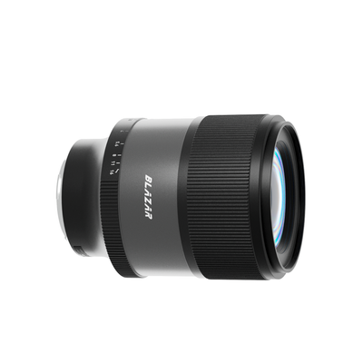 Blazar Talon 50mm T2.1 silver flare anamorphic lens, angled front view with coated glass