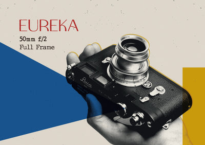 Hand holding a Leica rangefinder with the Thypoch Eureka 50mm f/2, poster style