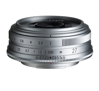 Voigtlander Ultron 27mm f/2 pancake lens for Fujifilm X in silver, side view