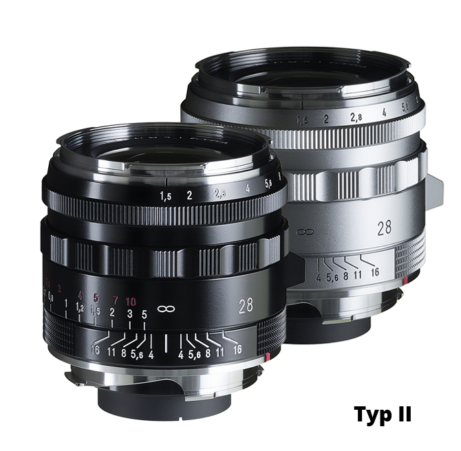Voigtlander Nokton 28mm f/1.5 Vintage Line Type II in black and silver