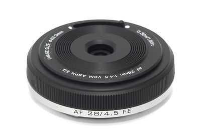 Viltrox AF 28mm f/4.5 FE pancake lens, side view with Sony E mount