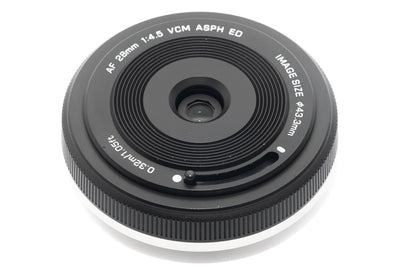 Viltrox AF 28mm f/4.5 pancake front with built-in slide lens cover