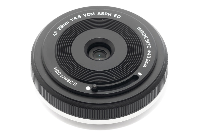 Viltrox AF 28mm f/4.5 pancake front with built-in slide lens cover