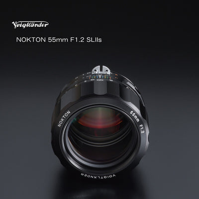 Voigtlander Nokton 55mm f/1.2 SL IIs, front element on a dark background