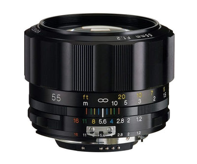 Voigtlander Nokton 55mm f/1.2 SL IIs lens for Nikon F, black, side view with scales
