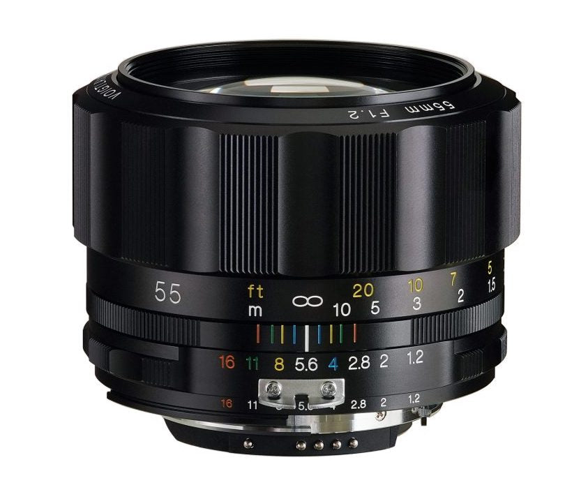 Voigtlander Nokton 55mm f/1.2 SL IIs lens for Nikon F, black, side view with scales