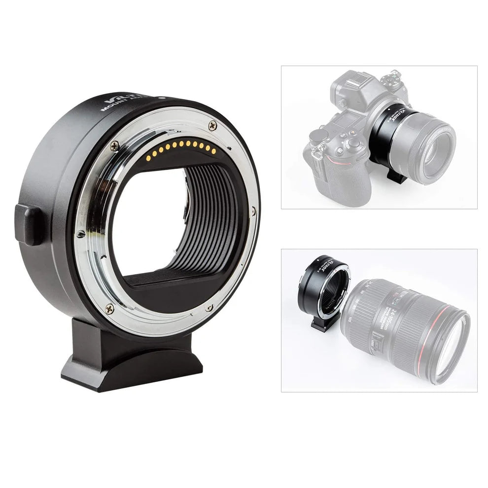 Viltrox EF-Z adapter shown on a Nikon Z camera and with a Canon EF lens