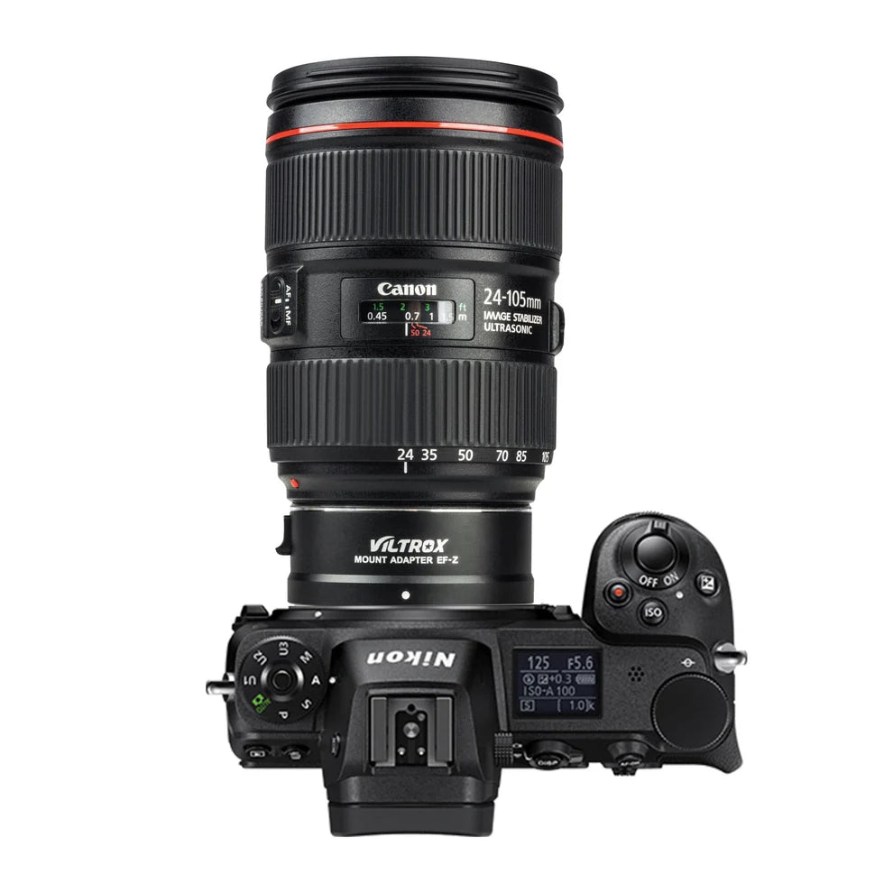 Nikon Z camera with a Canon EF 24-105mm lens on the Viltrox EF-Z adapter, top view