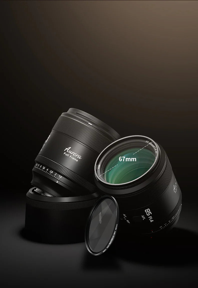 Sirui Aurora 85mm f/1.4 lenses with 67mm front element and a screw-in filter