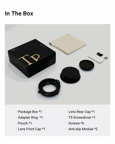 Thypoch adapter ring box contents: ring, pouch, caps, screwdriver and screws