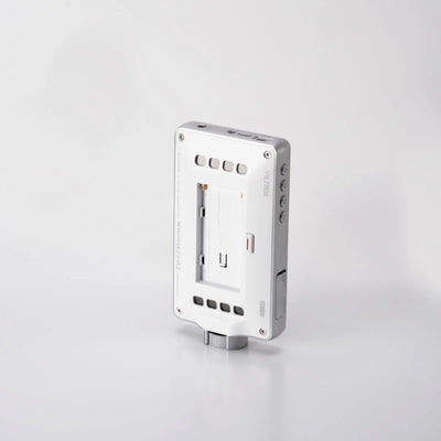 Viltrox DC-V1 white monitor standing upright, back view with battery plate