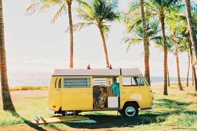 Yellow camper van under palm trees by the sea, sample shot on CineStill 50D