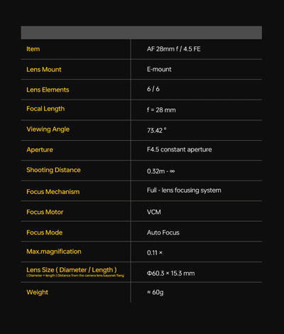 Viltrox AF 28mm f/4.5 specifications: 6 elements in 6 groups, VCM autofocus, 60g