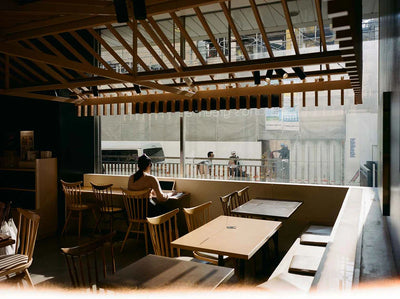Cafe interior with wooden beams and window light, sample shot on Kodak Ektacolor Pro 400