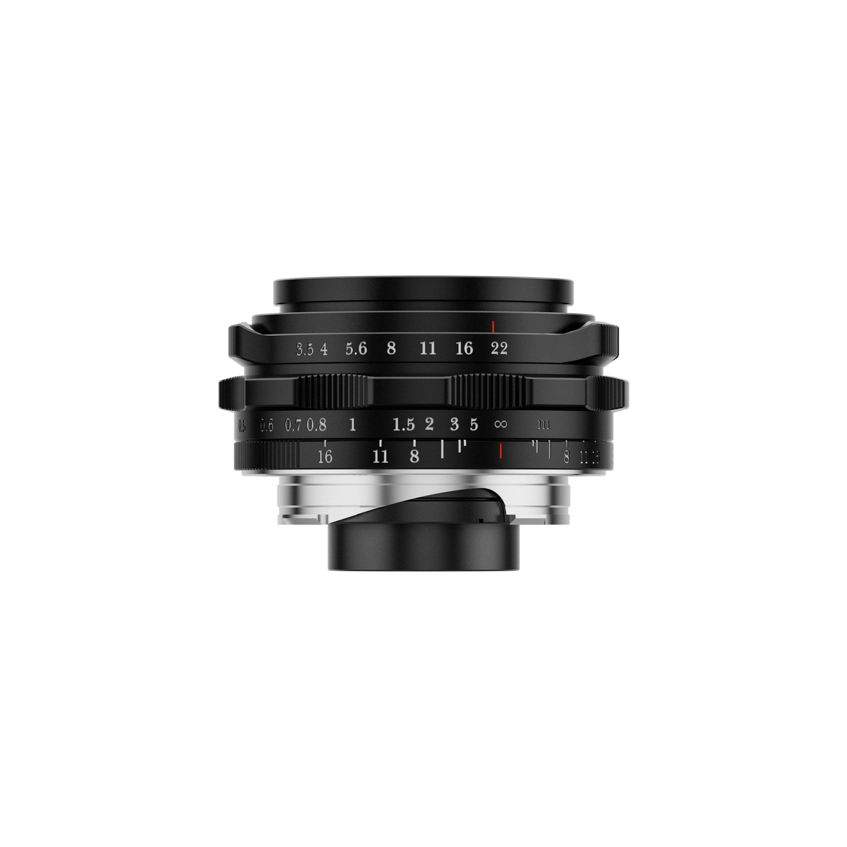 Thypoch Ksana 21mm f/3.5 black Leica M lens, side view with focus tab and aperture ring