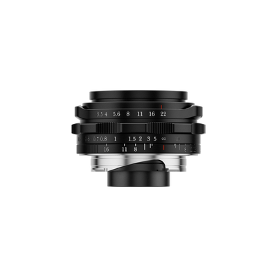 Thypoch Ksana 21mm f/3.5 black Leica M lens, side view with focus tab and aperture ring