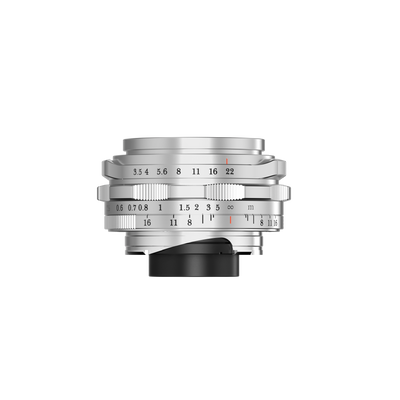Thypoch Ksana 21mm f/3.5 silver Leica M lens, side view with focus and aperture scales
