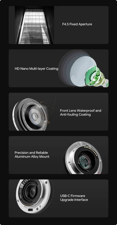 Viltrox AF 28mm f/4.5 features: fixed f/4.5, nano coating, waterproof front, metal mount, USB-C