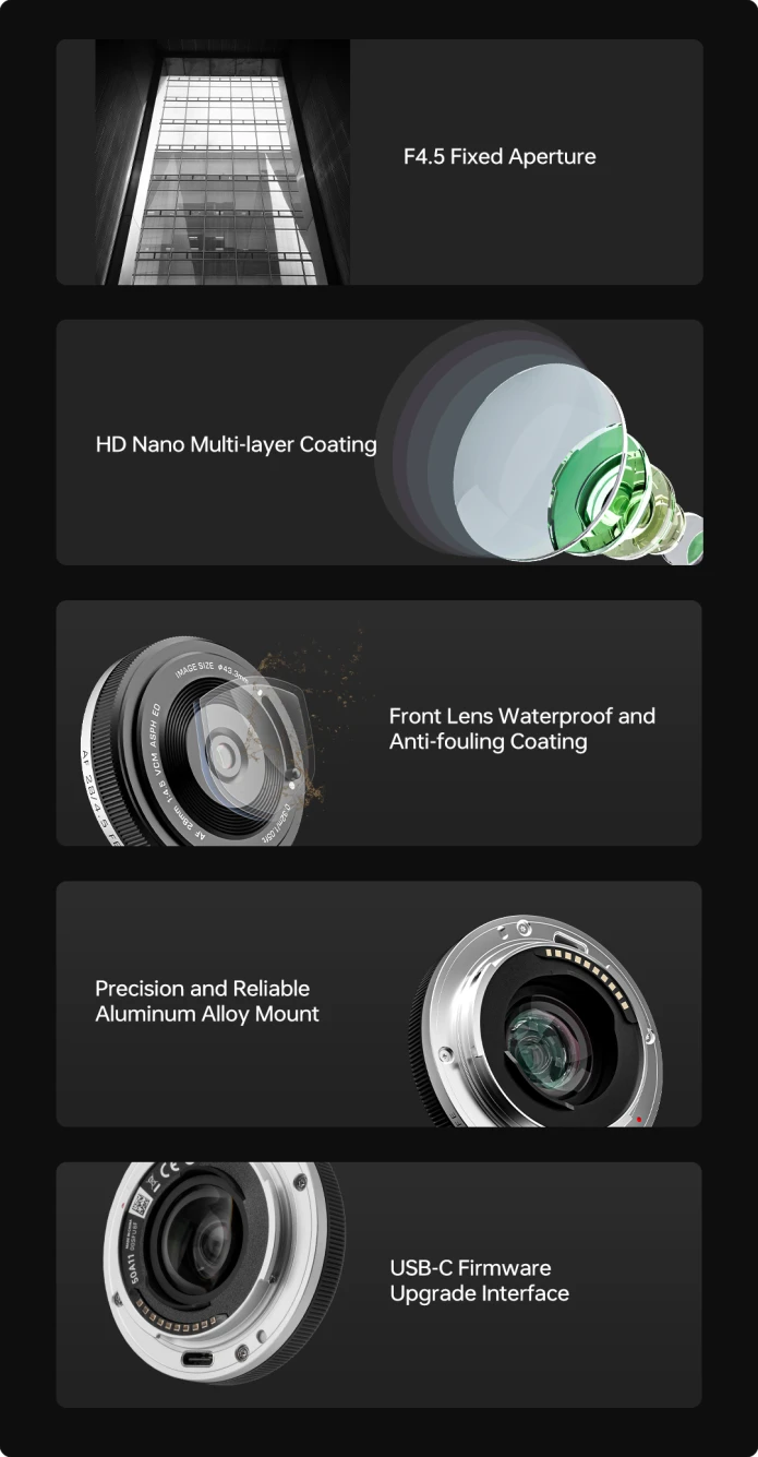 Viltrox AF 28mm f/4.5 features: fixed f/4.5, nano coating, waterproof front, metal mount, USB-C