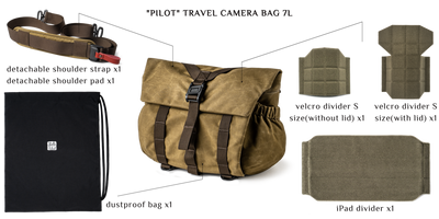 Wotancraft Pilot 7L travel camera bag contents: strap, pad, dustproof bag and dividers