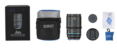 Sirui Astra 50mm T1.8 autofocus anamorphic lens kit: box, lens pouch, caps and cleaning cloth