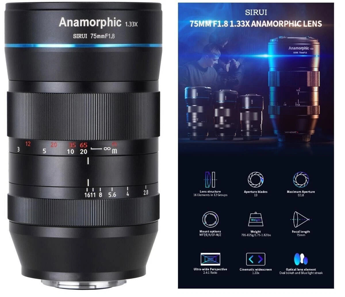 DISPLAY ! SIRUI 75mm F1.8 1.33x Anamorphic APS-C Lens, Sony E