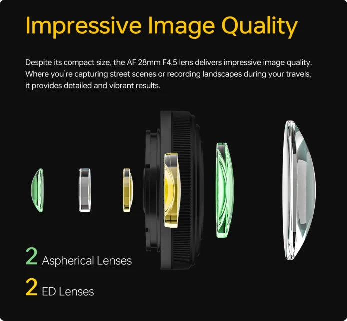 Viltrox AF 28mm f/4.5 optical design with 2 aspherical and 2 ED lenses
