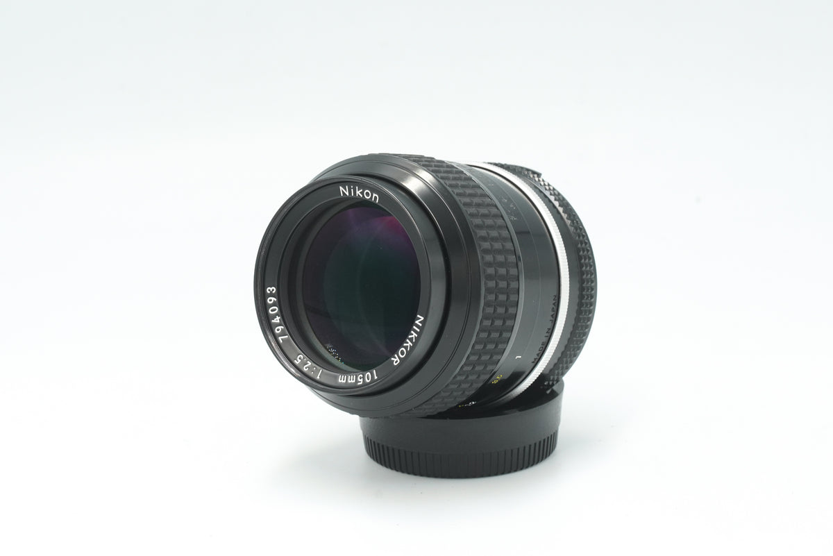 Nikon Nikkor 105mm f/2.5 Ai lens, angled view of the front element