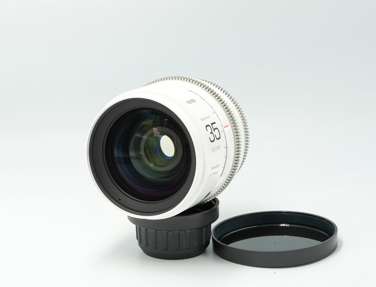 Viltrox 35mm T2.0 1.33x anamorphic cine lens, angled view of the front element