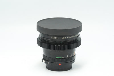 Canon nFD 17mm f/4 cine mod with slip-on front cap and focus gear