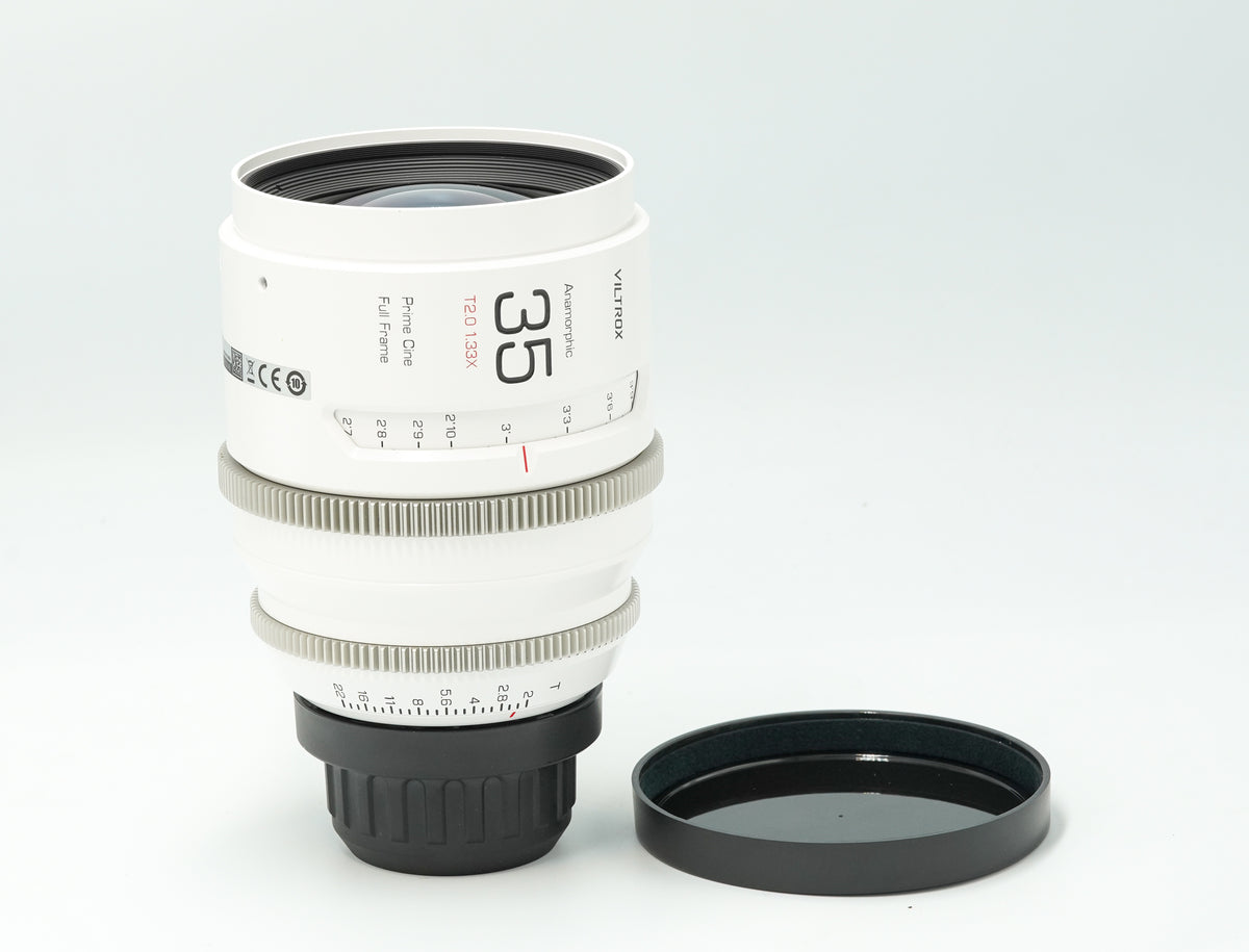 Viltrox 35mm T2.0 1.33x full-frame anamorphic cine lens in white, PL mount, with front cap