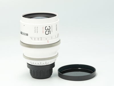 Viltrox 35mm T2.0 1.33x full-frame anamorphic cine lens in white, PL mount, with front cap