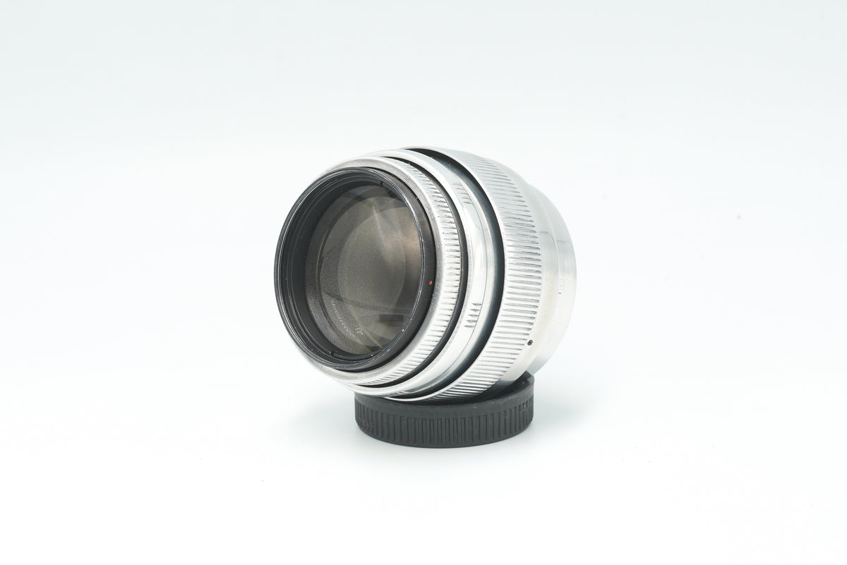 Jupiter-9 85mm f/2 silver, front three-quarter view