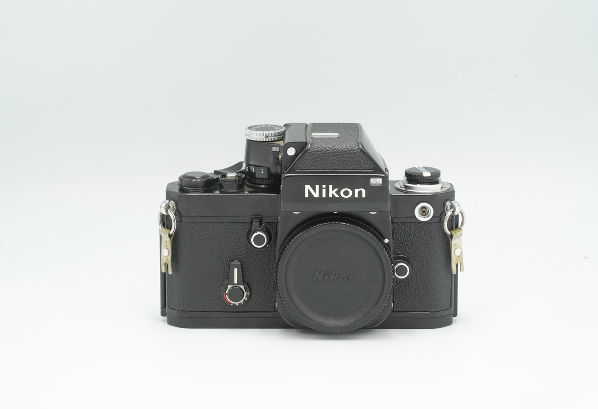 Nikon F2 Photomic black film camera, front view with body cap