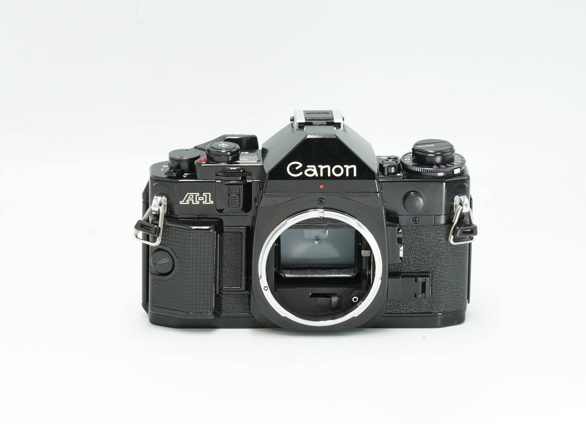 Canon A-1 35mm SLR film camera body in black, front view
