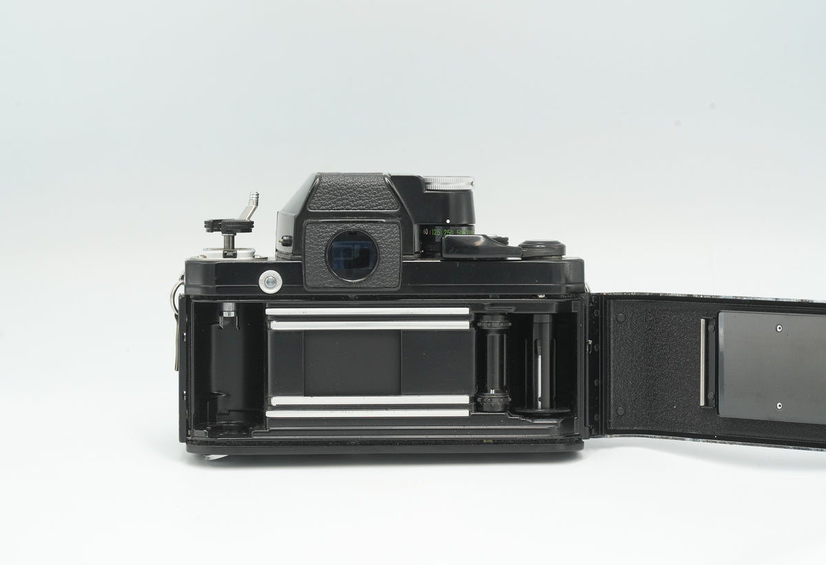 Nikon F2 with the back open, showing the film chamber