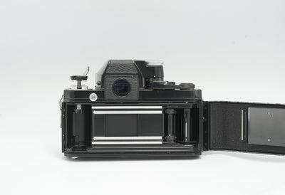 Nikon F2 with the back open, showing the film chamber