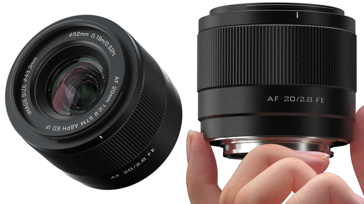 Viltrox Air AF 20mm f/2.8 FE lens front element and the lens held between fingers