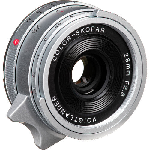 Voigtlander Color-Skopar 28mm f/2.8 silver with focus tab, front view