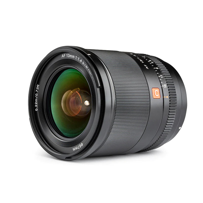 Viltrox AF 13mm f/1.4 STM APS-C lens, angled view of the front element