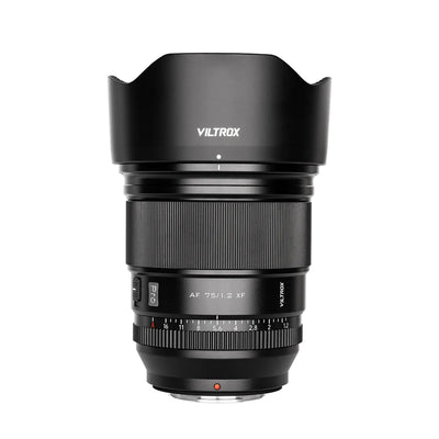 Viltrox AF 75mm f/1.2 Pro XF Fuji X lens with petal lens hood fitted