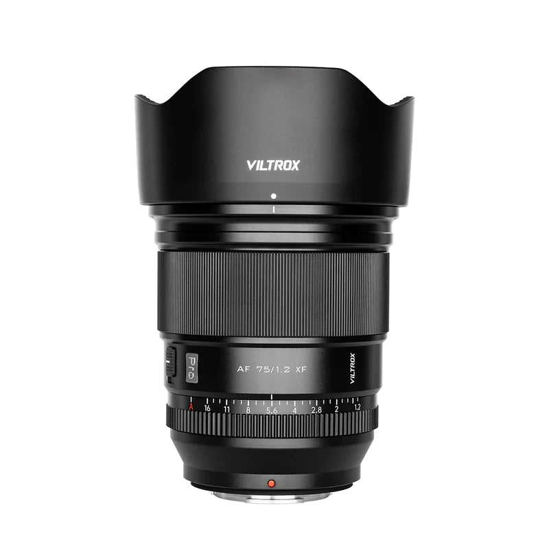 Viltrox AF 75mm f/1.2 Pro XF Fuji X lens with petal lens hood fitted